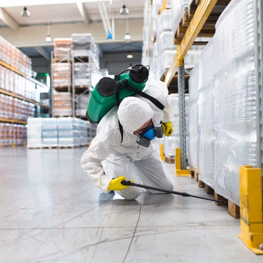 Technician from CURA Termite & Pest Control providing pest control services at a business in Yorba Linda, CA.